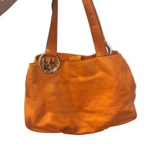 Michael Kors Fulton East West Orange Pebbled Leather Tote Divided Pocket Handbag